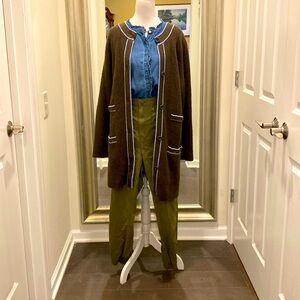 NWOT Talbots long cotton cardigan Sz 1X Olive Green & Pale blue Chanel vibe